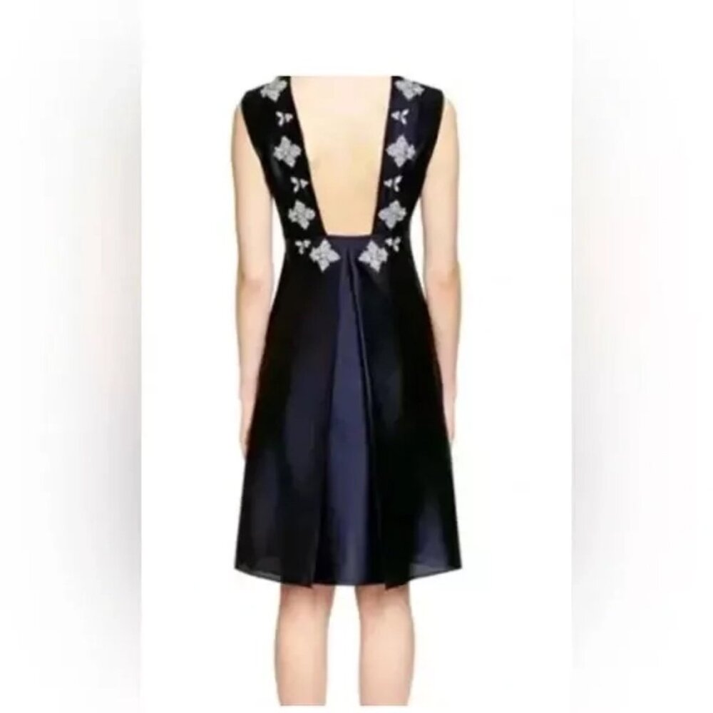 Tory Burch Navy BLUE SILK Colton Embellished Rhinestone OPEN Back dress 2 $700
